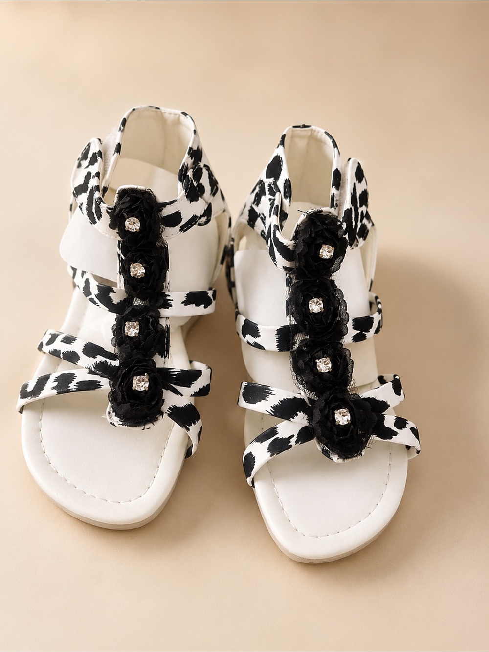 Girls' Black & White Floral Accent Sandals - Kids Shoes